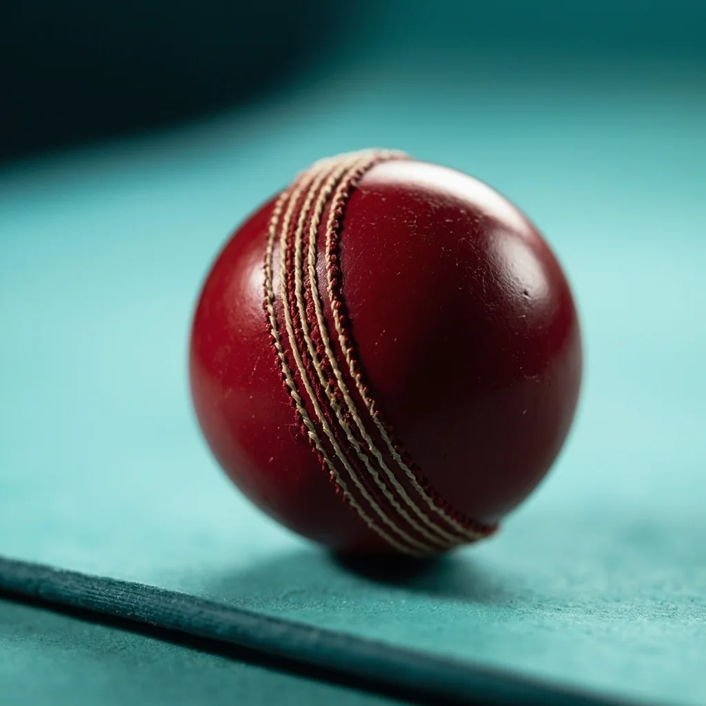 Close-up of a cricket ball on a pale-blue desk mat used as a compact visual for the games hot row