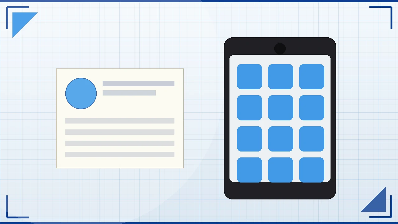 Wide editorial view of a pale-blue desk mat with a slim phone beside a paper profile card and avatar circle, used here as the brand-profile explainer anchor