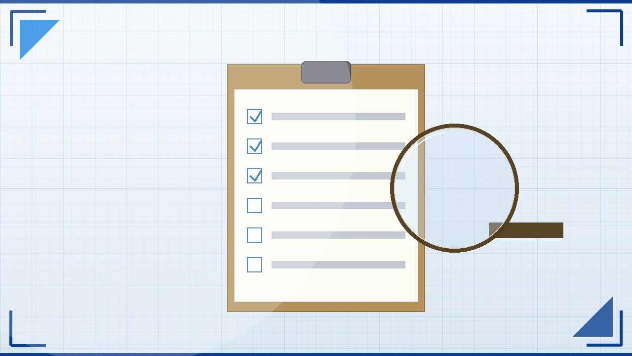 Wide editorial view of a pale-blue desk mat with a wooden clipboard holding a checked paper list, a magnifying glass resting on top, used here as the support ticket thread tracker anchor