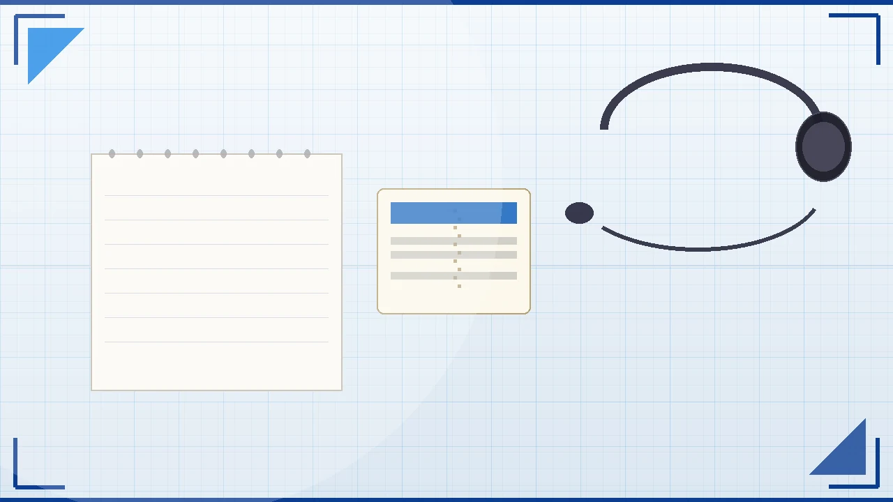 Wide editorial view of a pale-blue desk mat with an open notebook and fountain pen beside a paper ticket card and a headset, used here as the support ticket thread anchor
